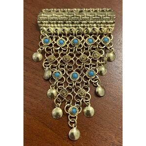 Gold Tone & Turquoise Bar Dangle Brooch Made In Greece